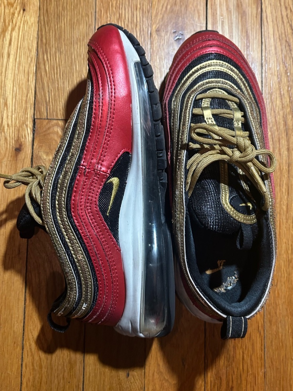 Nike Air Max 97 Black Red Gold Metallic Sneaker Women's Size 7